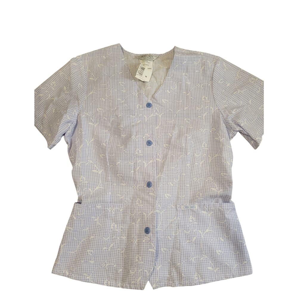 NWT Vintage Cherokee Button Up Scrub Top Uniform Blue Floral Pattern Size M